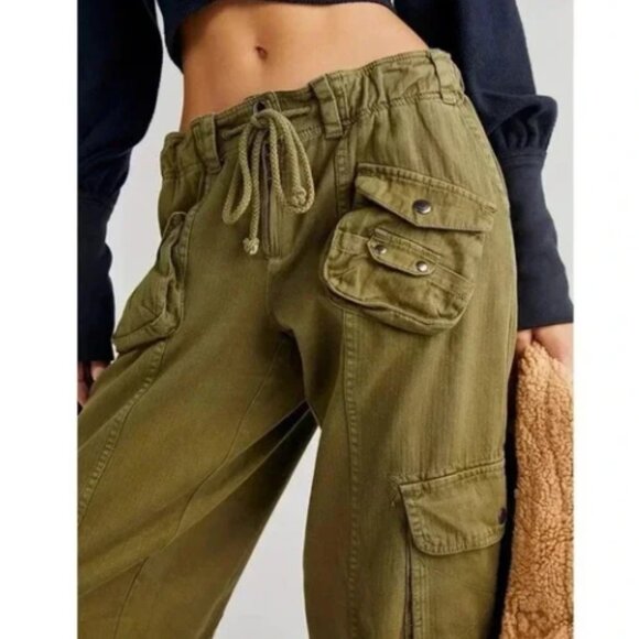 Free People Tahiti Cargo Pants Dried Herb Olive Size S Boho Utility - Picture 2 of 16